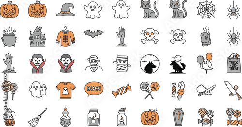Halloween Cartoon Icons Set Featuring Pumpkins, Ghosts, Vampires, and Other Spooky Elements