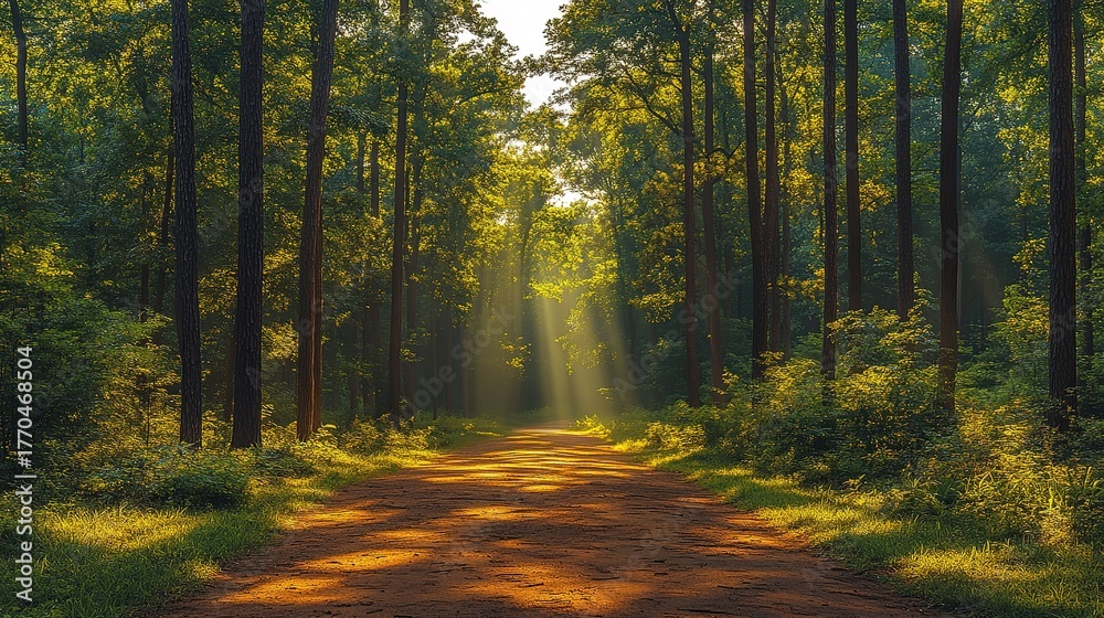 Obraz premium Panoramic Enchanted Forest: Tall Trees, Sunlight Through Leaves & Ground Light Patterns, Tranquil Vibe for Decor/Prints/Social Media