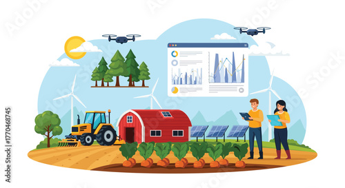 Modern farmers embrace smart technology with drones, tablets, and data analytics for sustainable agriculture and efficient crop management