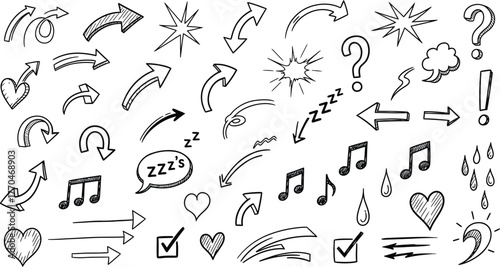 Hand Drawn Arrows, Hearts, Stars, Music Notes, Speech Bubble, and Question Marks Doodle