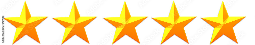 Obraz premium 3D five-star rating design isolated on transparent background. Glossy golden stars with realistic depth and shine, perfect for overlay on product reviews, digital feedback banners, customer satisfacti