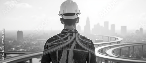 Construction worker hard hat stands overlooking complex highway system cityscape. image conveys determination and vision for urban development