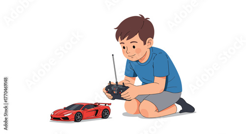 Joyful boy intensely focused on operating a sleek red remote control car with a controller in a clean, bright setting