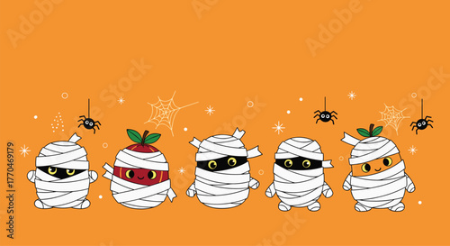 Cute Halloween mummy characters, including a wrapped apple and pumpkin, with spiders and webs on a festive orange background.