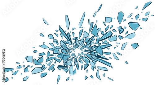 Dynamic explosion of sharp blue glass shards scattering outwards creating a powerful sense of impact and fragmentation