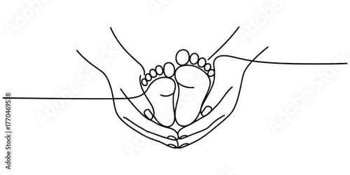 Minimalist continuous line drawing of a baby's feet held gently in loving hands vector
