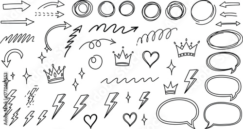Hand Drawn Doodle Arrows, Hearts, Crowns, Lightnings, Circles and Speech Bubbles Set