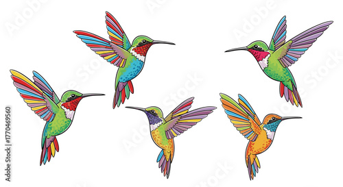 Vibrant hummingbirds with colorful rainbow wings flutter gracefully in flight, bringing a splash of nature's beauty and joy to any project