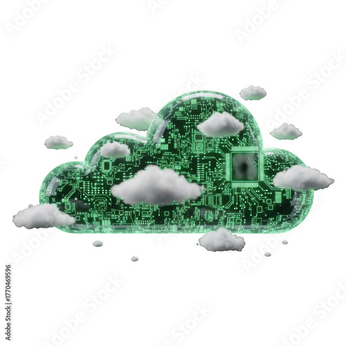 A futuristic cloud computing concept with circuit board texture and floating clouds isolated on transparent background