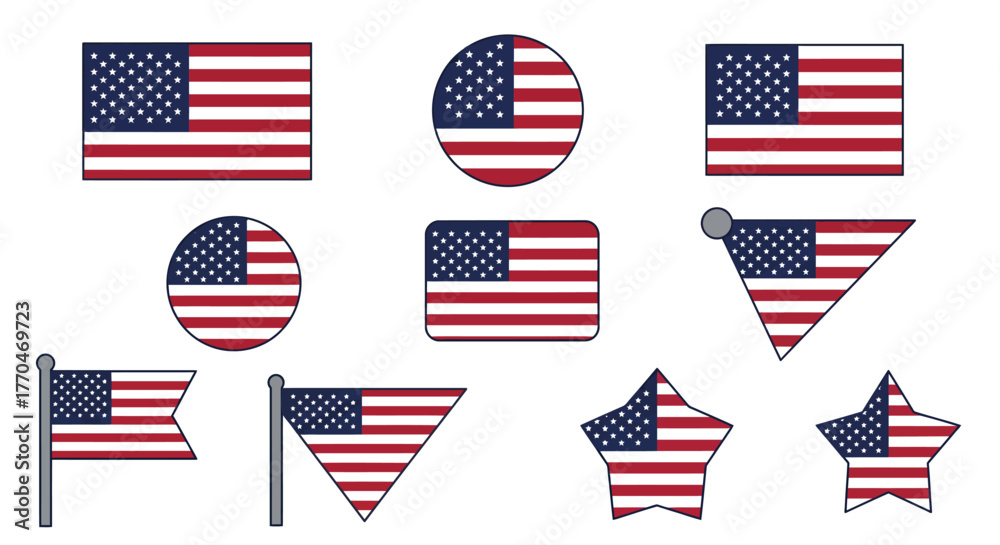 Fototapeta premium Collection of US Flag Icons in Various Shapes and Styles, Perfect for Patriotic and National Themes