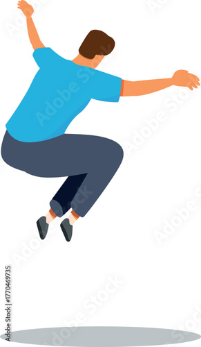 Man jumping with outstretched arms, conveying a sense of freedom, joy, and dynamic movement