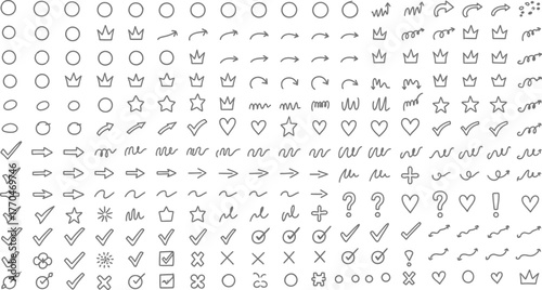 Hand Drawn Doodle Elements Collection Arrows Stars Hearts Crowns and Symbols Set