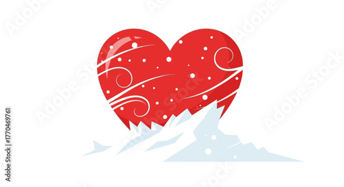 Charming illustration of a vibrant red heart adorned with elegant white swirls, partially nestled in snow, symbolizing warmth, love, and affection during the winter season or for romantic holidays