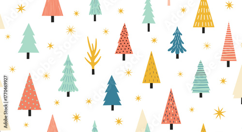 Seamless pattern featuring various colorful stylized Christmas trees and scattered golden stars on a clean white background, ideal for festive holiday designs.