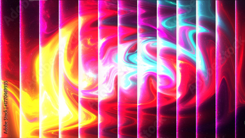 Vibrant fluid abstract art with neon pink blue yellow swirling lines