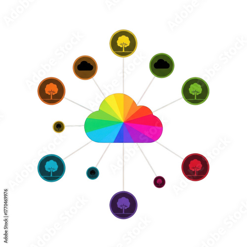 Colorful cloud with tree icons representing diverse data sources isolated on transparent background