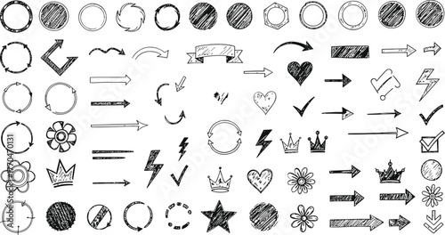 Hand Drawn Doodle Elements with Arrows, Flowers, Hearts, Crowns on Transparent Background