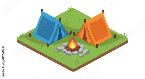 Two colorful tents set up beside a warm campfire on a grassy island, inviting adventure and outdoor exploration