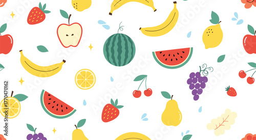 Delightful and colorful seamless pattern featuring a variety of fresh and sweet fruits like strawberries, apples, bananas, and watermelons, on a white background.