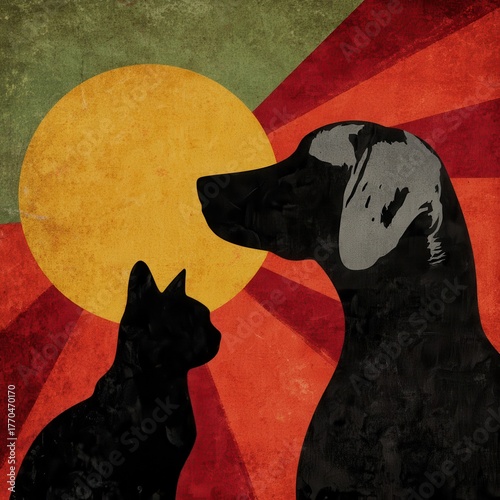 Silhouettes of a cat and a dog against a sunburst background.