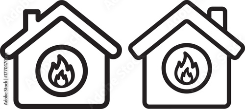 Two houses with fire icons silhouette