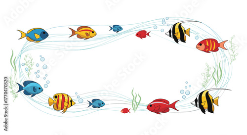 Colorful cartoon fish swimming in a decorative underwater frame with bubbles and aquatic plants, perfect for children's designs.