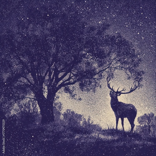 Silhouetted deer and tree under a starry night.