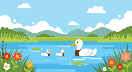Adorable mother duck leads her ducklings across a serene blue lake surrounded by lush green nature and vibrant flowers under a bright sky