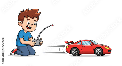 Joyful boy playing with a red remote control car, having fun and enjoying playtime indoors or outdoors