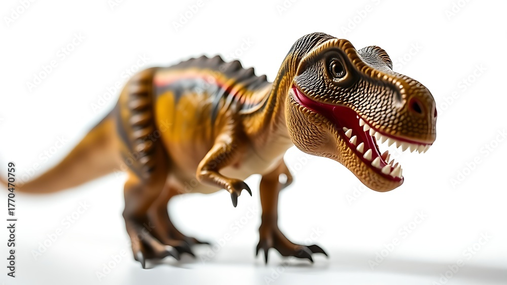 Obraz premium T-Rex figurine isolated on white with dramatic lighting, showcasing detailed textures and fierce presence.