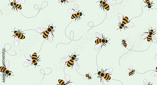 Cute cartoon honey bees buzzing happily across a light green background with dotted flight trails, forming a charming seamless design.