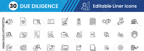 Due diligence glyph Icon set,Magnifying Glass, Checklist, Document Review, Risk, Graph, Handshake, Compliance, Audit, Investigation, Target Vector line Icons illustration.