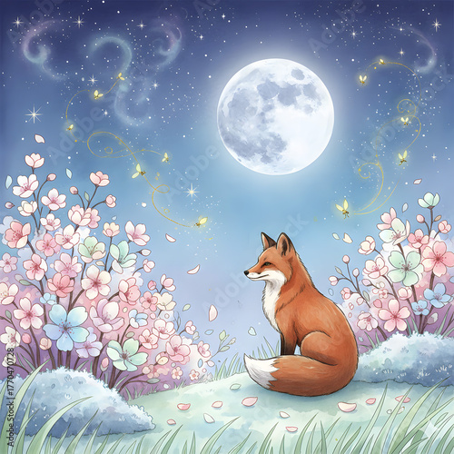 Cute cartoon cat playing with a mouse on the grass in a garden under the night sky