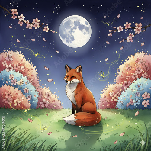 Cute cartoon cat playing with a mouse on the grass in a garden under the night sky