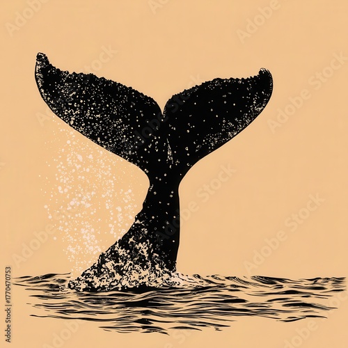 Detailed illustration of a whale's tail fluke emerging from water.