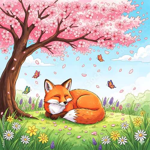 A cute cartoon red fox and a cat are both nestled in the nature of a green forest with a tree