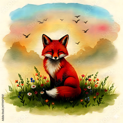 Cute cartoon kitten sitting on a tree beside the grass under the night sky
