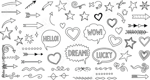Hand Drawn Doodle Set with Arrows, Hearts, Stars, Speech Bubbles on Transparent Background