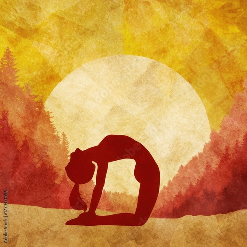 Silhouette of a woman performing a yoga pose against a backdrop of trees and a sun.