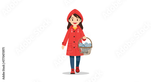 Joyful young girl in red coat happily carries basket filled with fresh fish, bringing healthy meal home