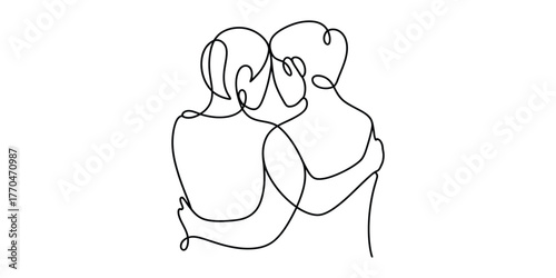 Abstract continuous line drawing of two figures embracing in a minimalist style vector