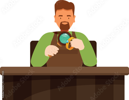 Jeweler carefully examining a golden ring with a magnifying glass, assessing its quality and value