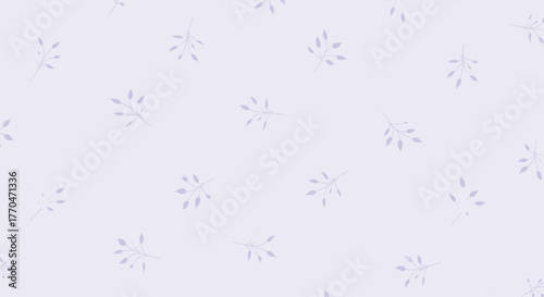 Light purple background with delicate, scattered leafy branches forming a minimalist and serene floral pattern.