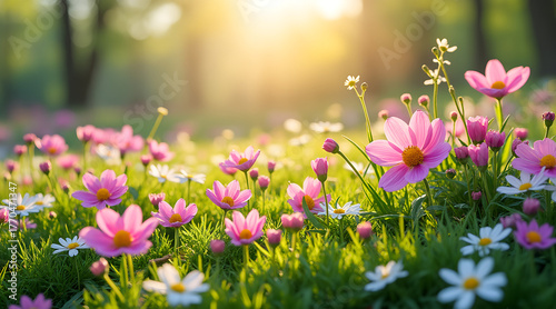 Vibrant pink cosmos flowers bloom beautifully in a sun-drenched meadow, evoking feelings of joy and natural serenity for your projects.