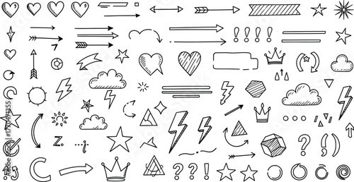Hand Drawn Elements Collection Arrows, Hearts, Stars, Clouds, Lightning in White Background