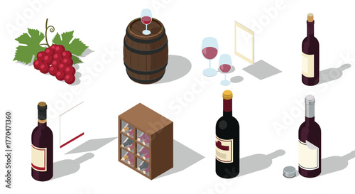 Elegant wine collection elements including bottles, barrel, grapes, glasses, and rack for sophisticated beverage branding and lifestyle projects