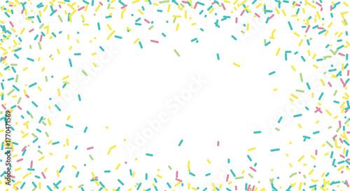 Vibrant confectionery sprinkles in yellow, pink, and teal creating a playful oval border on a clean white backdrop, ideal for sweet-themed projects.