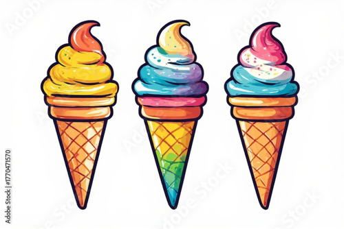Three colorful ice cream cones with different flavors and toppings, presented against a white background.