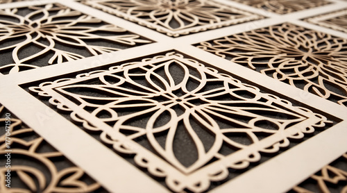 Intricate natural wood laser cut panels featuring elegant floral patterns create sophisticated decorative accents for modern interiors and DIY projects