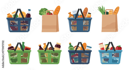 Stock up on groceries with these vibrant, modern shopping baskets and paper bags filled with delicious essentials for your home